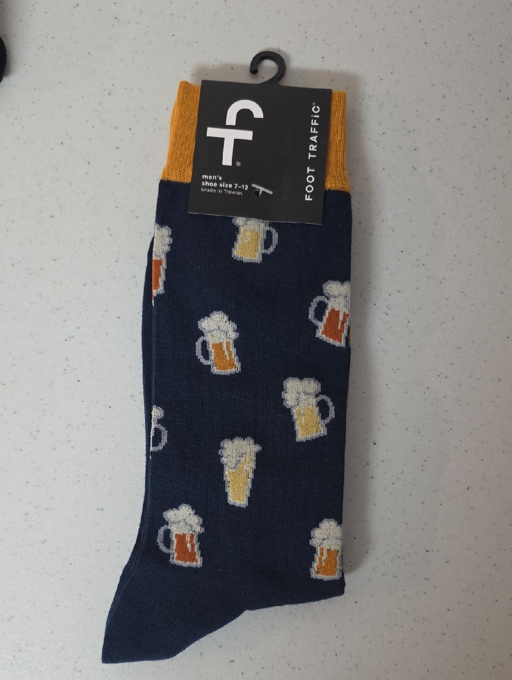 Foot Traffic Navy Crew Socks with Beer Mug Pattern and Mustard Cuff
